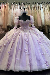 Lilac Floral Sparkly Princess Quinceanera Dress with Sweetheart Neckline and Long Sleeves in Tulle and Sequin