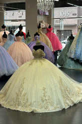 Princess Quinceanera Dress in Sparkly Yellow with Off-Shoulder Beaded Tulle and Sequins