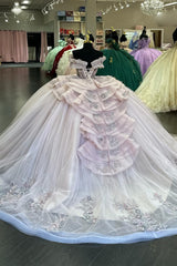 Princess Quinceanera Dress in Blue with Off-the-Shoulder Beaded Applique and Tulle