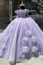 Sweetheart Lilac Ball Gown with Beaded Applique and Long Sleeves in Tulle for Quinceanera