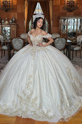 White and Golden Sparkling Off-Shoulder Princess Quinceanera Dress with Sequin Applique and Tulle Train