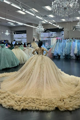 Champagne Sparkle Off-the-Shoulder Princess Quinceanera Dress with Sequin Applique and Tulle Train