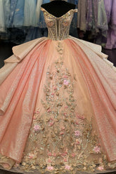 Pink Sparkle Golden Off-Shoulder Princess Tulle Quinceanera Dress with Sequin Applique