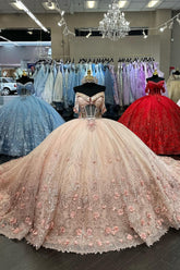 Princess Quinceanera Dress with Sparkly Blush Applique and Off-the-Shoulder Tulle