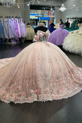 Princess Quinceanera Dress with Sparkly Blush Applique and Off-the-Shoulder Tulle