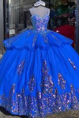 Royal Blue Sparkle Sequin Applique Tulle Quinceanera Dress with Spaghetti Straps