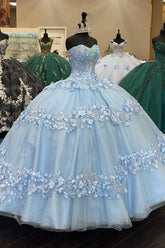 Sweetheart Princess Quinceanera Dress in Light Blue with Beaded Applique and Tulle Train