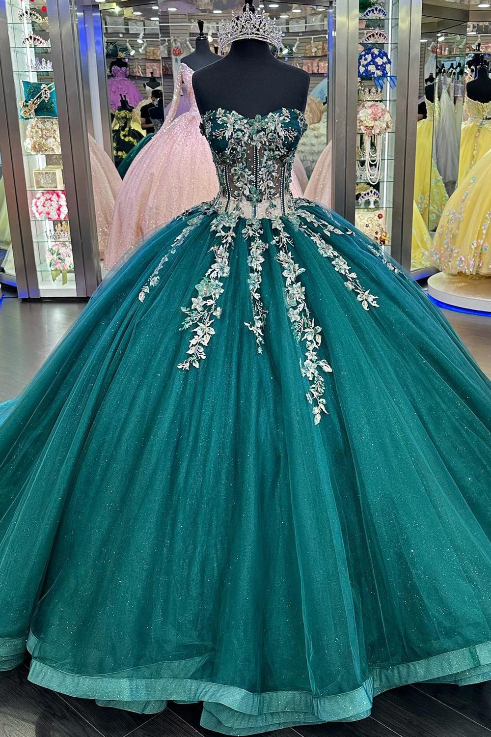 Dark Green Sparkly Princess Sweetheart Tulle Quinceanera Dress with Applique