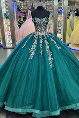 Dark Green Sparkly Princess Sweetheart Tulle Quinceanera Dress with Applique