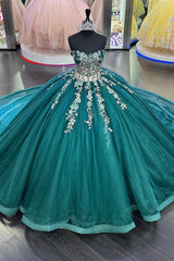 Dark Green Sparkly Princess Sweetheart Tulle Quinceanera Dress with Applique