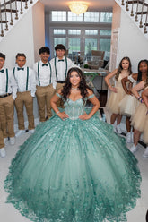 Green Sparkle Off-Shoulder Beaded Tulle Quinceanera Ball Gown with Applique