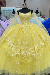 Princess Ball Gown with Yellow Spaghetti Straps and Tulle Applique for Quinceanera
