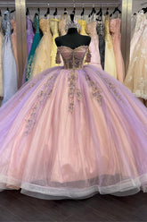 Off the Shoulder Princess Tulle Dress with Lilac Blush Applique for Quinceanera