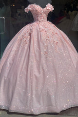 Pink Sparkle Princess Quinceanera Dress with Beaded Off-Shoulder Tulle