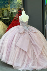 Pink Sparkle Princess Quinceanera Dress with Beaded Tulle Straps and Bow