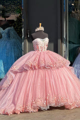Pink Glitter Princess Quinceanera Dress with Sweetheart Beaded Applique and Sequined Tulle
