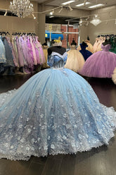 Off the Shoulder Light Blue Tulle Ball Gown with Applique for Quinceanera