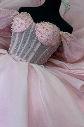 Pink Glitter Off-the-Shoulder Beaded Tulle Quinceanera Gown with Bow