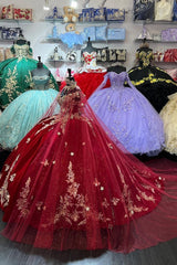 Velvet Quinceanera Ball Gown in Burgundy with Off-the-Shoulder Appliques