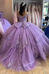 Tiered Lilac Tulle Ball Gown Off-the-Shoulder Quinceanera Dress with Sequins