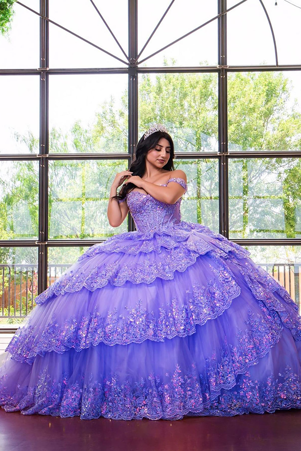Sequined Lavender Off-Shoulder Princess Dress with Tiered Tulle for Quinceanera