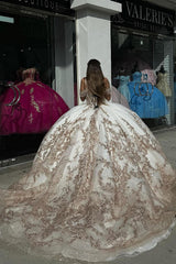 Golden Ivory Cold Shoulder Ball Gown with Sparkly Sequins for Quinceanera