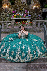Golden Green Appliqued Off-the-Shoulder Quinceanera Ball Gown
