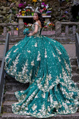 Golden Green Appliqued Off-the-Shoulder Quinceanera Ball Gown