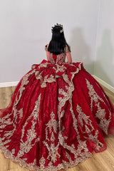 Burgundy Sparkle Off-Shoulder Quinceanera Ball Gown Featuring Appliques