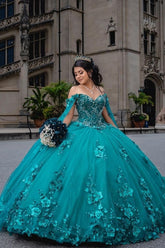 Quinceanera Ball Gown in Blue with Off-Shoulder Neckline and 3D Appliques