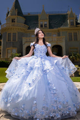 Light Blue Sparkly Off-the-Shoulder Quinceanera Ball Gown in Tulle with Appliques