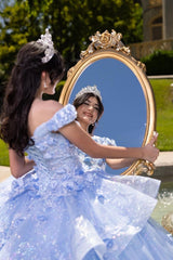 Light Blue Sparkly Off-the-Shoulder Quinceanera Ball Gown in Tulle with Appliques