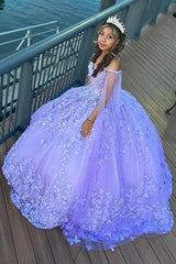 Lavender Sparkle Princess Quinceanera Dress with Appliques and Off-the-Shoulder Cape