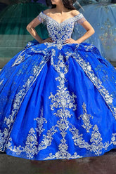 Royal Blue Sparkle Off-Shoulder Fringe Quinceanera Dress with Tulle Applique