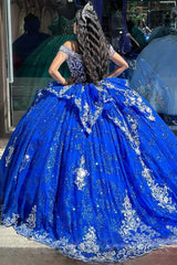 Royal Blue Sparkle Off-Shoulder Fringe Quinceanera Dress with Tulle Applique