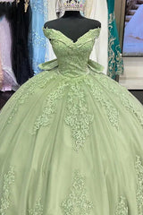 Off-the-Shoulder Sage Ball Gown with Applique and Train for Quinceanera