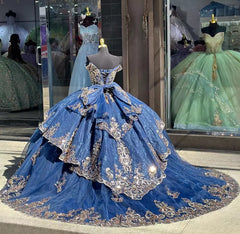 Golden Navy Off-the-Shoulder Tiered Ball Gown with Applique and Bow for Quinceanera