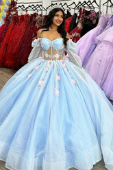 Off-the-Shoulder Sky Blue Quinceanera Dress with Long Sleeves and Appliques
