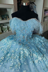 Sweetheart Princess Quinceanera Dress in Sky Blue with Feather Applique