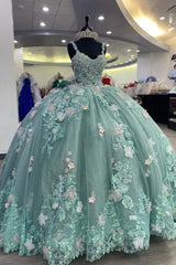 Sweetheart Ball Gown in Sage Green Tulle with Appliques for Quinceanera