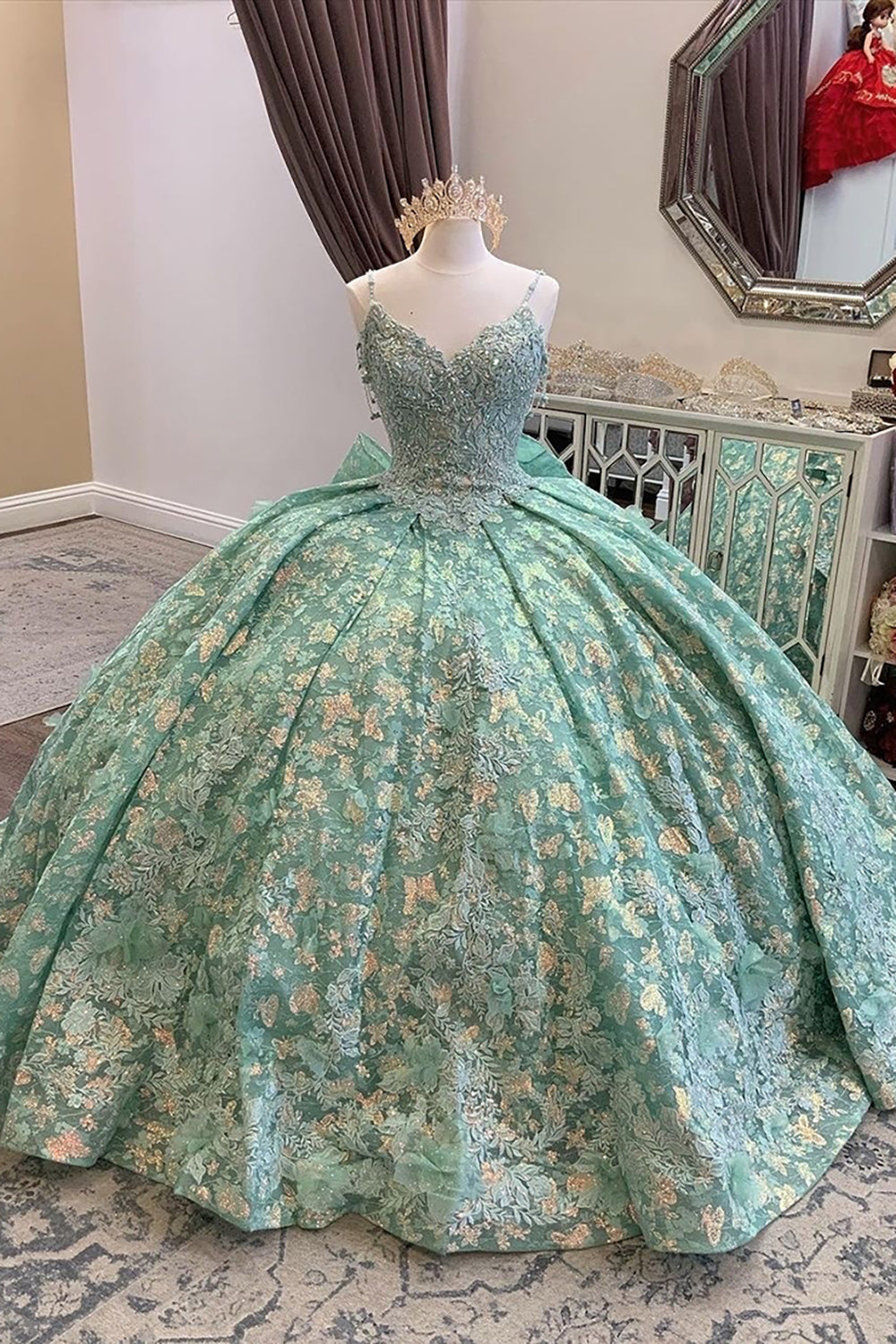 Floral Applique Quinceanera Dress in Sage Green with Spaghetti Straps and Tulle Ball Gown