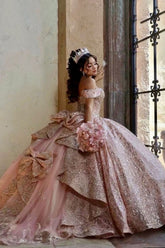 Off-the-Shoulder Dusty Rose Ball Gown with Sparkly Sequins and Beading for Quinceanera