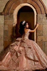 Off-the-Shoulder Dusty Rose Ball Gown with Sparkly Sequins and Beading for Quinceanera
