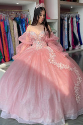 Off-the-Shoulder Blush Pink Ball Gown with Long Sleeves and Tulle Applique for Quinceanera