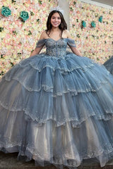 Blue Glitter Beaded Quinceanera Dress with Off-Shoulder Tulle Tiered Ball Gown
