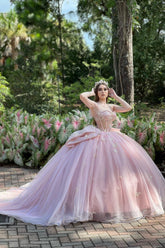 Quinceanera Dress in Blush Pink with Spaghetti Straps, Tulle Applique, and Bow