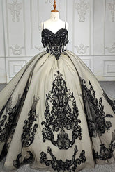 Black Glitter Princess Quinceanera Dress with Tulle Applique and Beaded Spaghetti Straps