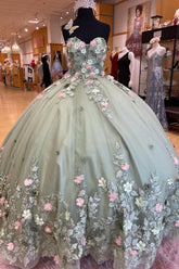 Sweetheart Sage Ball Gown with Floral Tulle and Appliques for Quinceanera