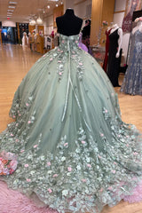 Sweetheart Sage Ball Gown with Floral Tulle and Appliques for Quinceanera