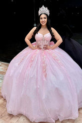 Princess Quinceanera Dress in Sparkly Blush Pink with Tulle Applique and Bow Spaghetti Straps